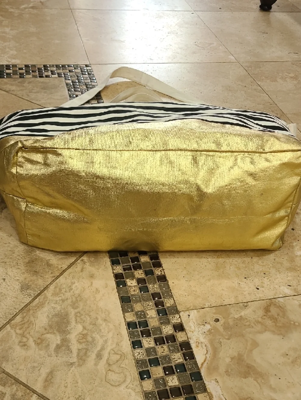 Victoria's Secret Black & White Striped Tote with Gold Bottom